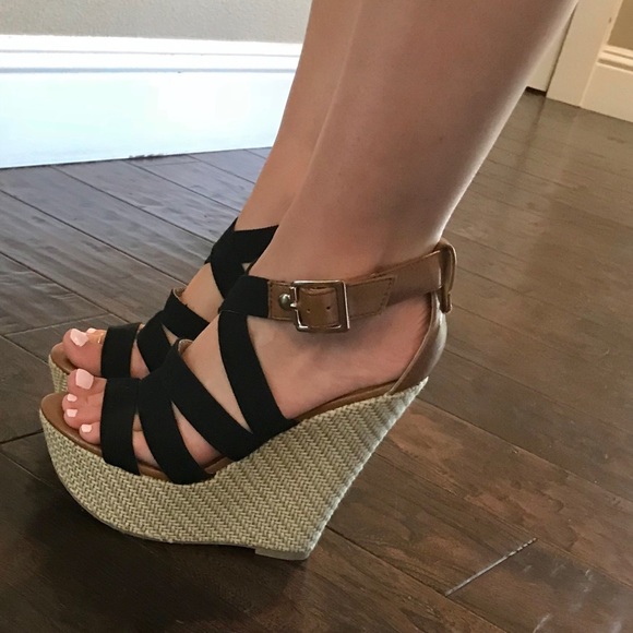 Black Strappy Wedges - Picture 2 of 6